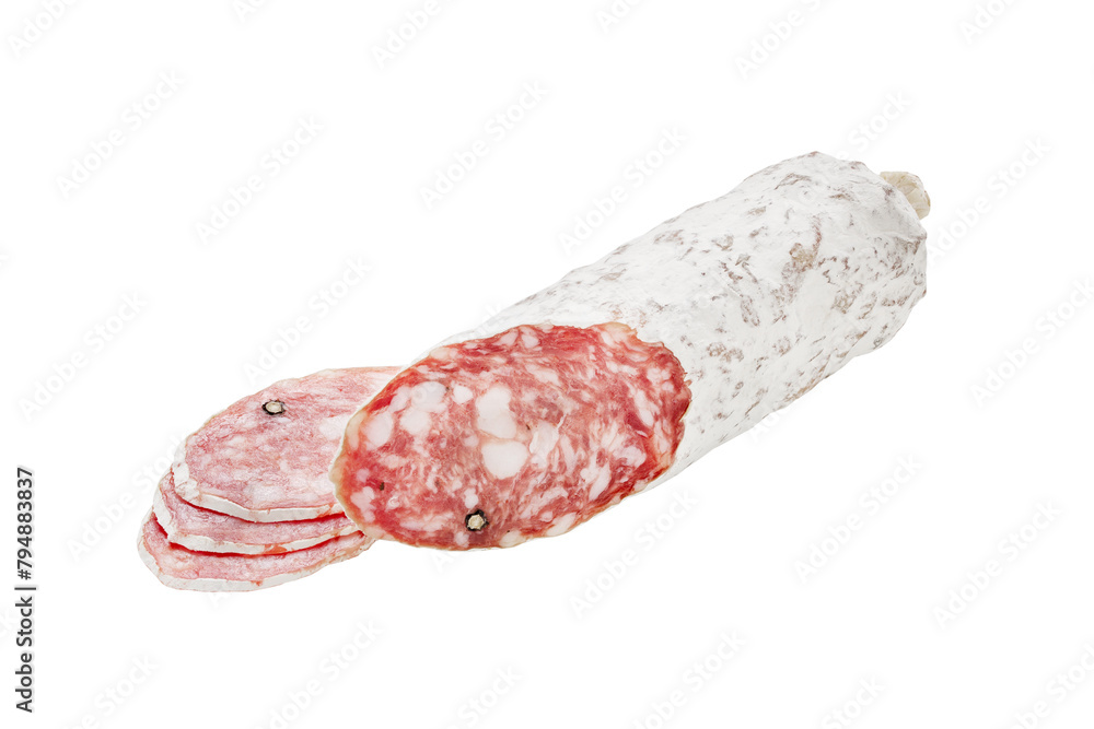 Traditional white salami sausage with pepper , isolated on white background Traditional white salami sausage with pepper , isolated on white background