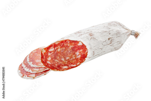 slices traditional Spanish salami fuet sausage or dry sausage covered fermented mold isolated on a white background.