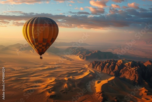 A hot air balloon floats over a desert landscape.