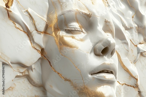 Sculpture of a woman face, incrustation Gold on white marble. Modern style 3D photo
