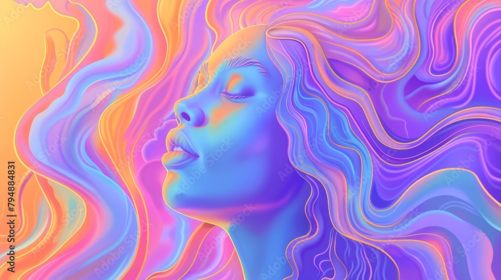  Woman's face with waving hair against multicolored backdrop