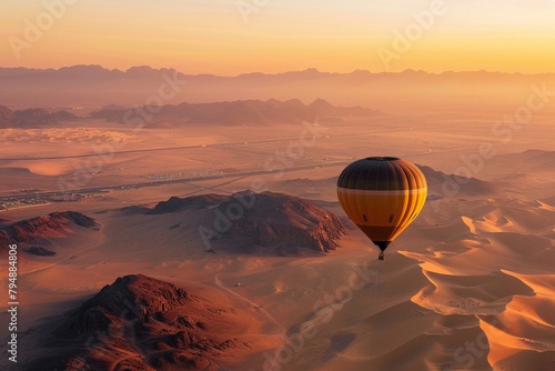 A hot air balloon floats over a desert landscape.