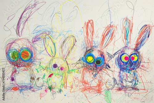 The hand drawing colourful picture of the group of the various type of the rabbit that has been drawn by a colored pencil or crayon on the white background that seem to be drawn by the child. AIGX01.