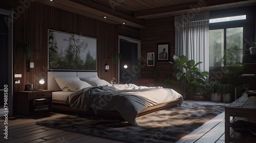 Cozy bedroom interior, big bed. Home decor.