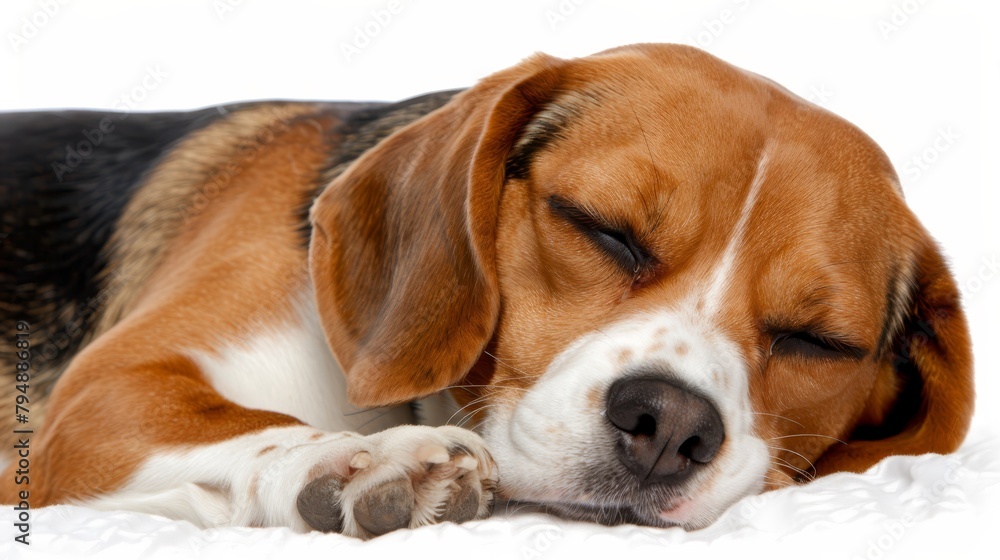 A brown-and-white dog lies atop a white blanket, nearby, a black-and-brown dog rests with its eyes closed A brown-and-white dog lies atop a white blanket, nearby, a black-and-brown dog rests with its eyes closed