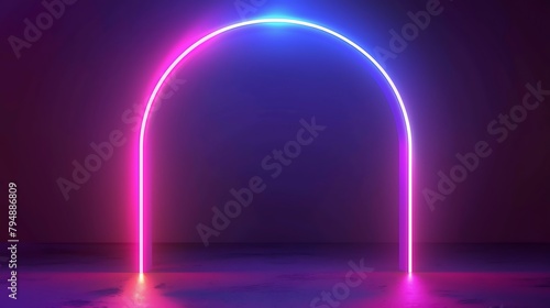 Glowing neon curved frame. Blue purple shining arch border. Neon light portal door concept. Rectangular arc border with flares. Morden design element for poster, game, interface. Generative Ai photo