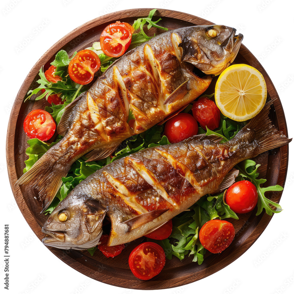 A tantalizing image of roasted sea fish and fresh castors on a rustic wooden plate paired with a vibrant salad of tomatoes lemon and crisp green lettuce set against a transparent background A tantalizing image of roasted sea fish and fresh castors on a rustic wooden plate paired with a vibrant salad of tomatoes lemon and crisp green lettuce set against a transparent background