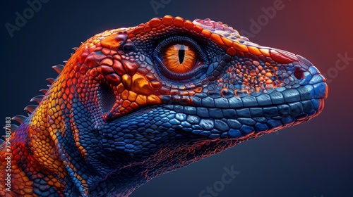  A dinosaur head with orange and blue hues, set against a backdrop of red, orange, and blue