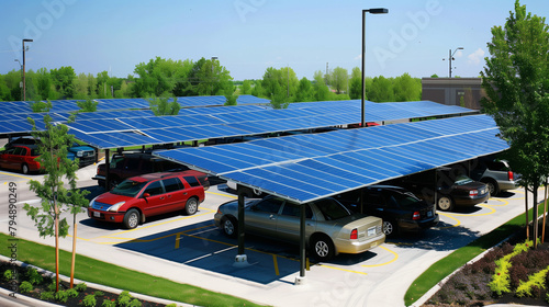 solar panels as shade for cars in parking lot, eco friendly green energy 