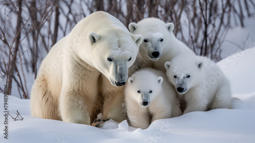 A family of polar bears frolicking in the snow, their thick fur keeping them warm in the freezing temperatures. photo