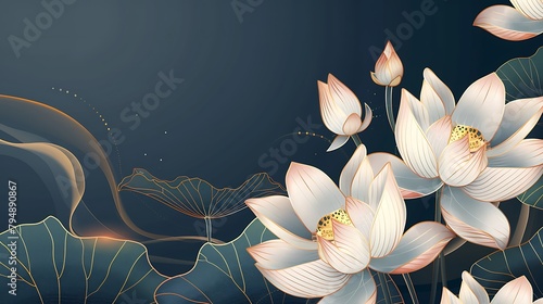 Luxury oriental flower background. Elegant white lotus flowers golden line art, leaves, gradient color. Japanese and Chinese illustration Design for decor, wallpaper, poster, card. Generative Ai