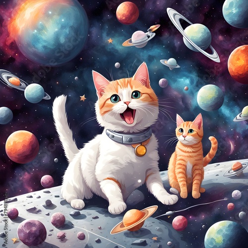 A cosmic cat-themed birthday illustration with cats in space.