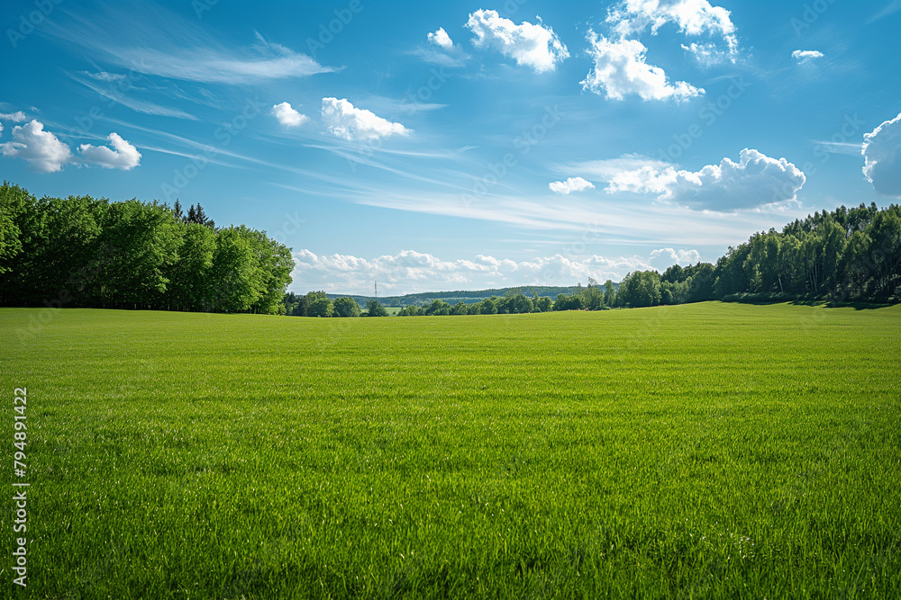 Obraz premium Open green meadows and woods under clear blue skies.
