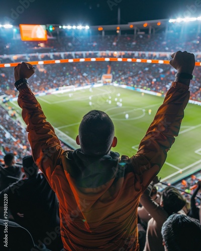 back view of fans celebrating goal in soccer stadium.