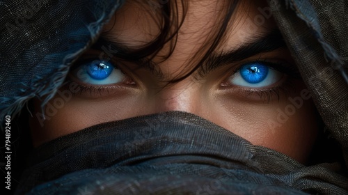  blue eyes peek out from beneath a scarf, concealing the rest photo