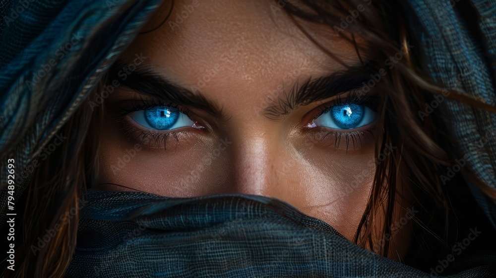 blue eyes peek out from beneath a scarf, hands shielding the rest blue eyes peek out from beneath a scarf, hands shielding the rest