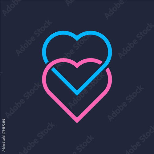 Linked or interlocked heart symbol logo. Love concept.