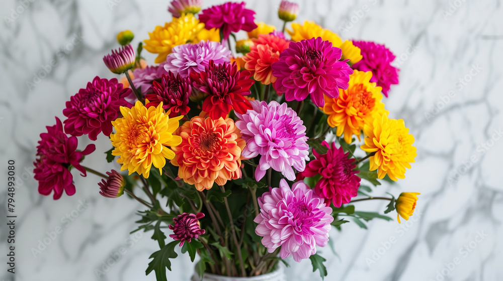 A vibrant flower arrangement in a magenta flowerpot sits atop a table, showcasing the beauty of houseplants and creative arts