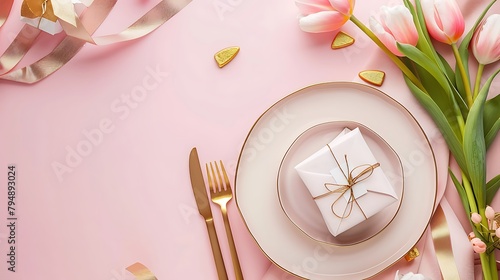 Mother day table setting background. Pink Mother's day border flat lay for brunch, lunch, dinner menu, invitation mockup. Beautiful table setting with golden cutlery, tulip flowers. Generative Ai