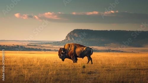 A bison walks gracefully through the grasslands of the Maasai Mara National Park. With towering mountain ranges in the background, African forests, vast savannah landscapes. © Saowanee