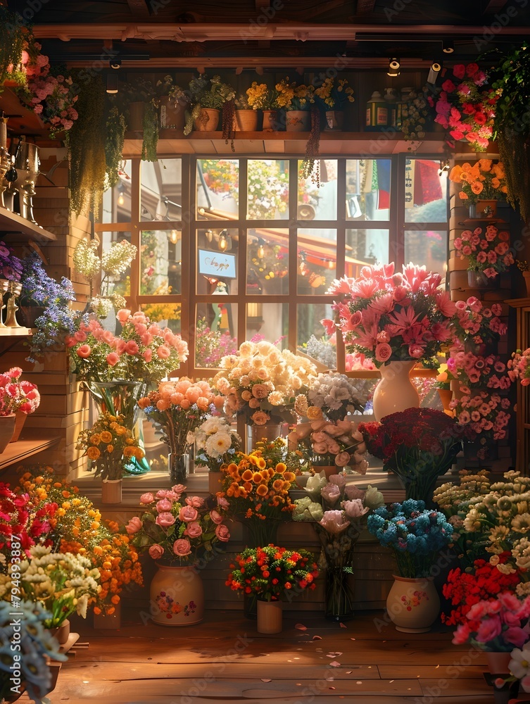 Fototapeta premium Intimate Flower Shop Interior Glowing with Vintage Charm and Floret Beauty