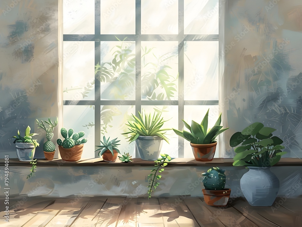 Serene Indoor Oasis A Windowsill Brimming with Succulents and Cacti in a Minimalist Scandinavianstyle Space Serene Indoor Oasis A Windowsill Brimming with Succulents and Cacti in a Minimalist Scandinavianstyle Space