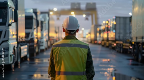 Back view of a logistics manager overseeing transportation logistics