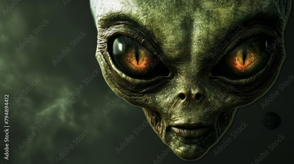   A tight shot of an alien face, its orange eyes radiant against a black backdrop, smoke billowing from beneath