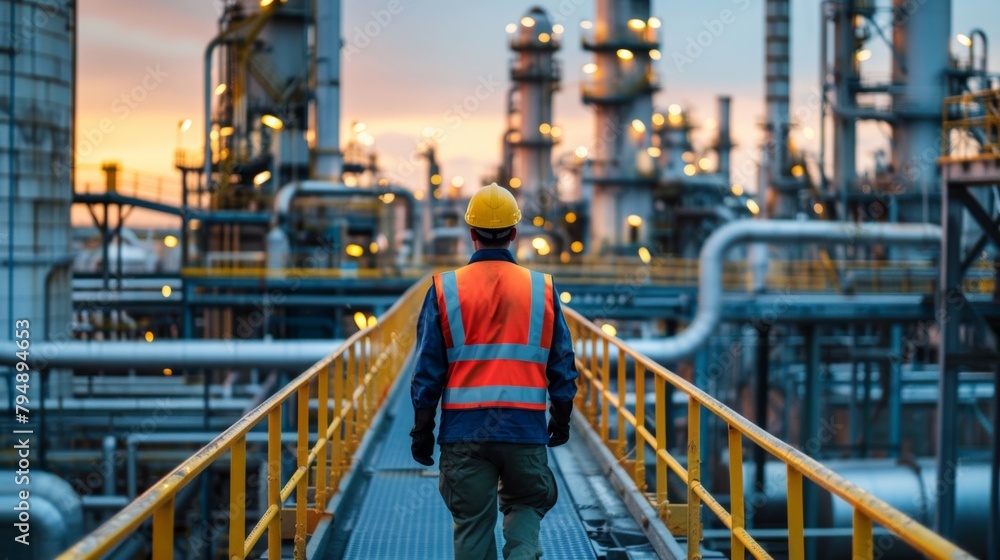 Back view of a refinery worker walking on a catwalk Back view of a refinery worker walking on a catwalk