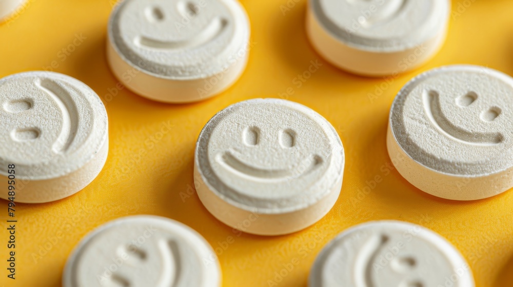 Two pills, each having a smiley face on opposite sides Two pills, each having a smiley face on opposite sides