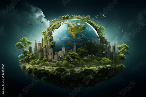 Illustration of a thriving planet Earth with a lot of greenery and foliage. Generative Ai.   © belyaaa