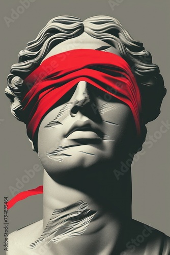 Greek statue with a red blindfold. Modern art surrealism