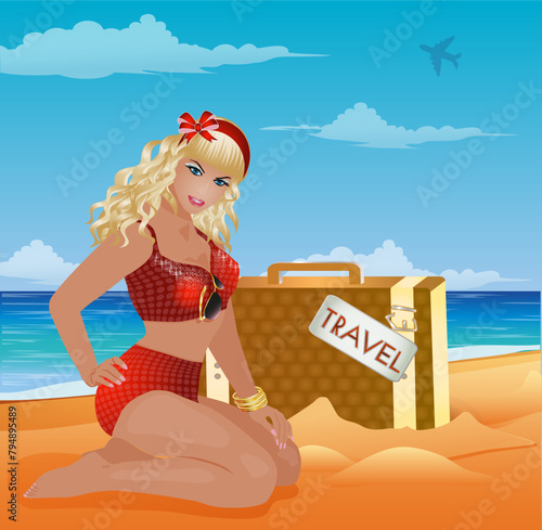 Travel Pinup sexy girl with luggage, invitation card, vector illustration