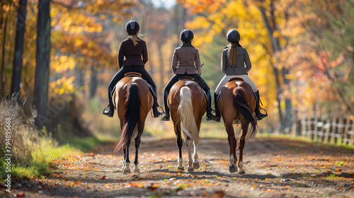 Three individuals are riding horses down a dusty path. The horses are equipped with horse tack including halters, saddles, and bridles for the equestrian activity photo