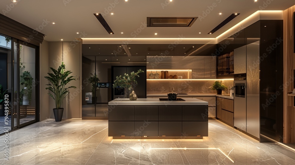 State-of-the-art kitchen with smart appliances, LED lighting, and a minimalist style