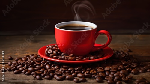 A red coffee cup filled with black coffee on a wooden background with coffee beans