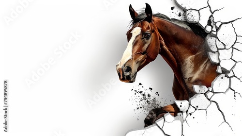 A horse breaks through a white wall, its head protruding from a crack