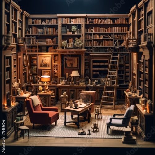 A captivating papercraft library illustration featuring a sofa © crazyass