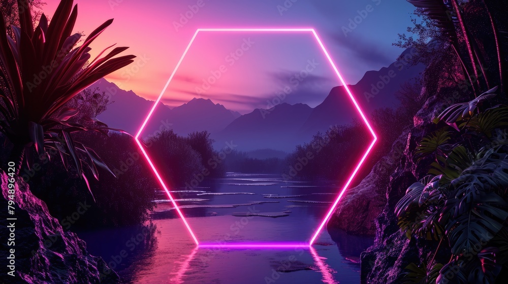 Fototapeta premium The great pink floating hexagon beyond the river that surrounded with a lot amount of the tall mountains at the dawn or dusk time of the day that shine light to the every part of the picture. AIGX03.