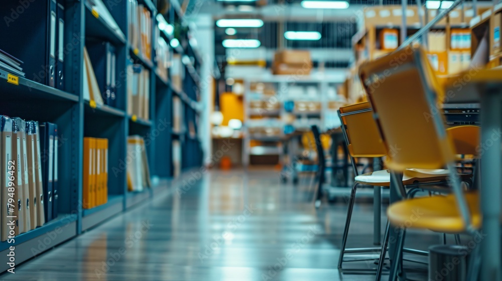 Close up of an office working space with tables and chairs, shelves and boxes with documents Close up of an office working space with tables and chairs, shelves and boxes with documents