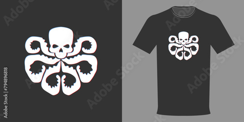 Vector illustration t-shirt hydra skull with tentacles, typographic print, mythology