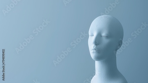  A white mannequin head with closed eyes against a light blue background