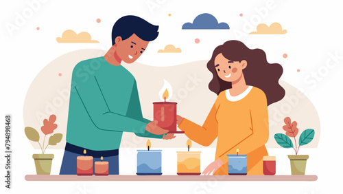 A couple making their own scented soy candles choosing their favorite fragrances and colors to give to their friends and family as heartfelt