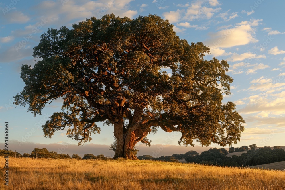A towering oak tree stands tall, with golden sunlight filtering through its branches.