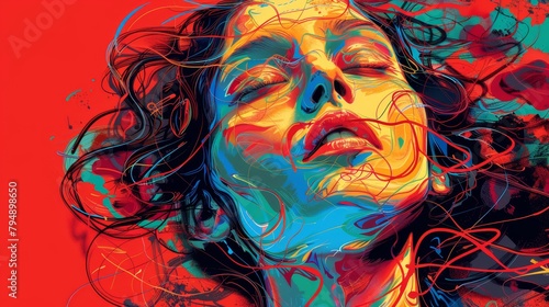  A woman's face is depicted with closed eyes against a vibrant red backdrop Her hair flows freely, billowing in the wind