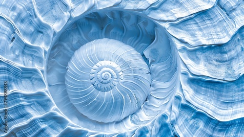   A tight shot of a giant seashell at the center of a vast  blue artwork  characterized by a spiral motif