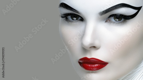  A tight shot of a woman's face dressed in black and white makeup, her red lips forming a stark contrast