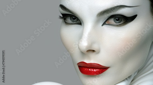   A tight shot of a woman s face wearing black-and-white makeup  accentuated by a bold red lipstick on her lips