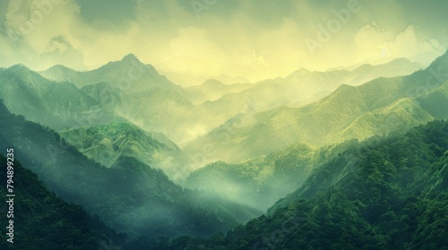 Mysterious green mountains, misty peaks in the distance