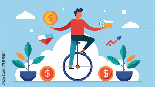 A person riding a unicycle while balancing different financial goals in each hand representing the skill and focus needed to achieve financial